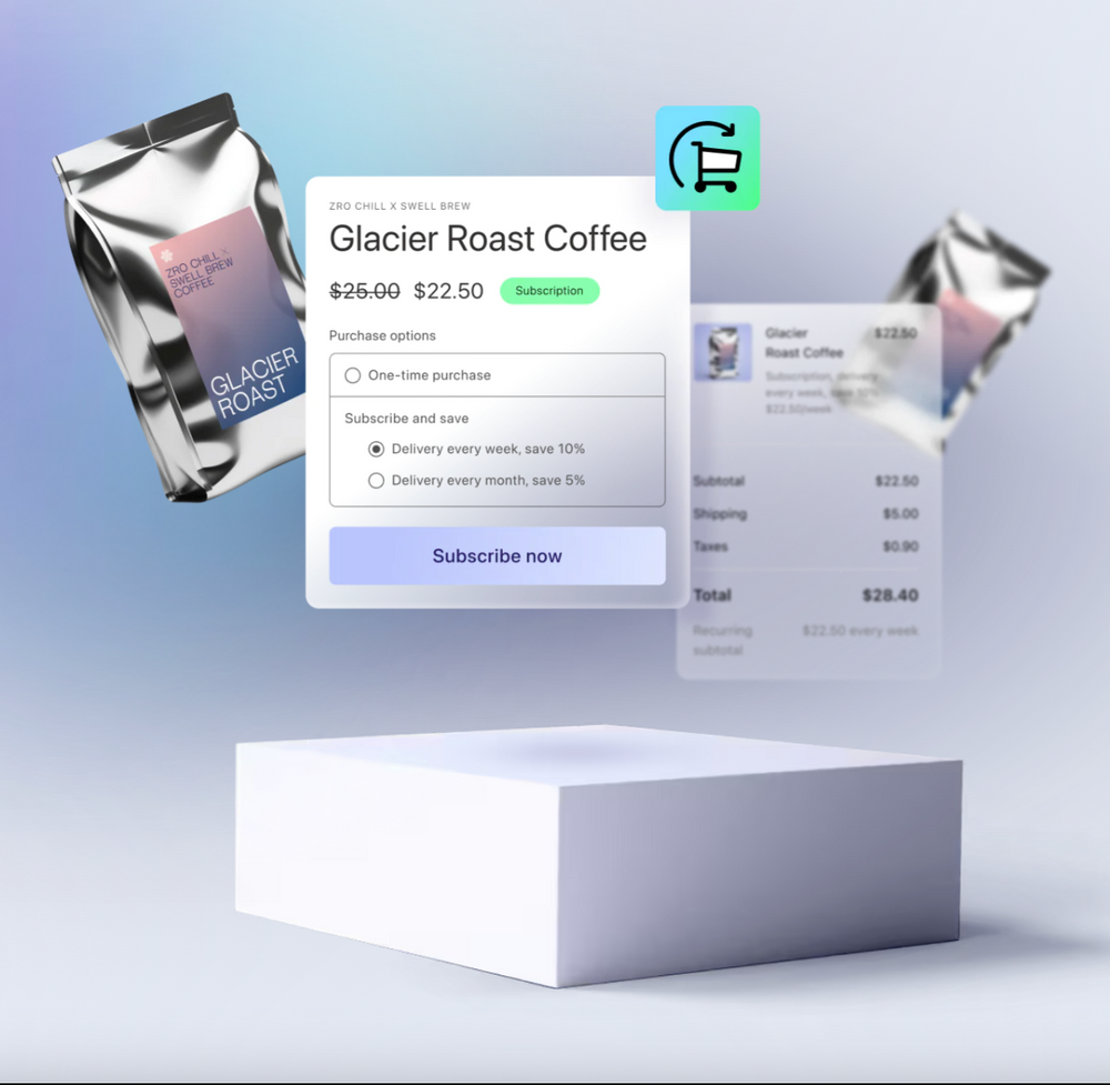 Shopify-sivulla Glacier Roast Coffee -tuote alennetulla tilaushinnalla, ostosvaihtoehtojen ja tilausnapin kanssa.