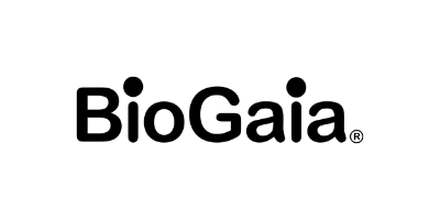 Mustavalkoinen logo BioGaia referenssi.