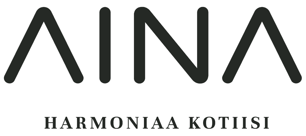 Logo Aina, mustalla fontilla ja valkoisella pohjalla. 