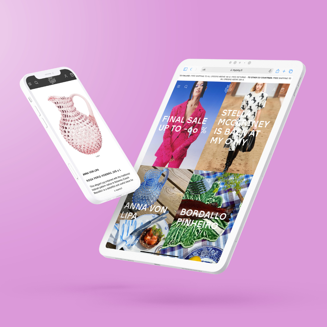 MyoMy Shopify verkkosivut auki valkoisilla älylaitteilla, vaaleanpunainen tausta. 