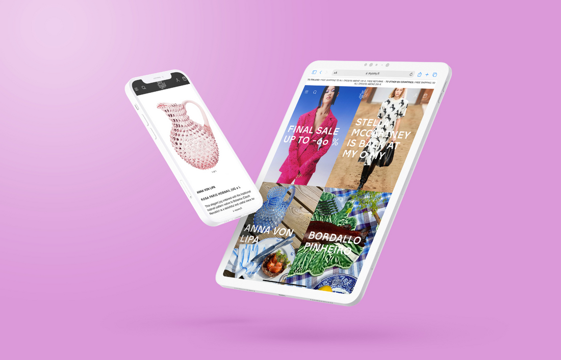 MyoMy Shopify verkkosivut auki valkoisilla älylaitteilla, vaaleanpunainen tausta. 
